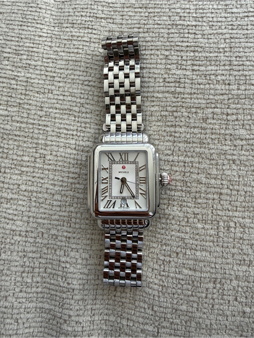 Michele Silver-Tone Square Dial Bracelet Watch with Red Crown Accent